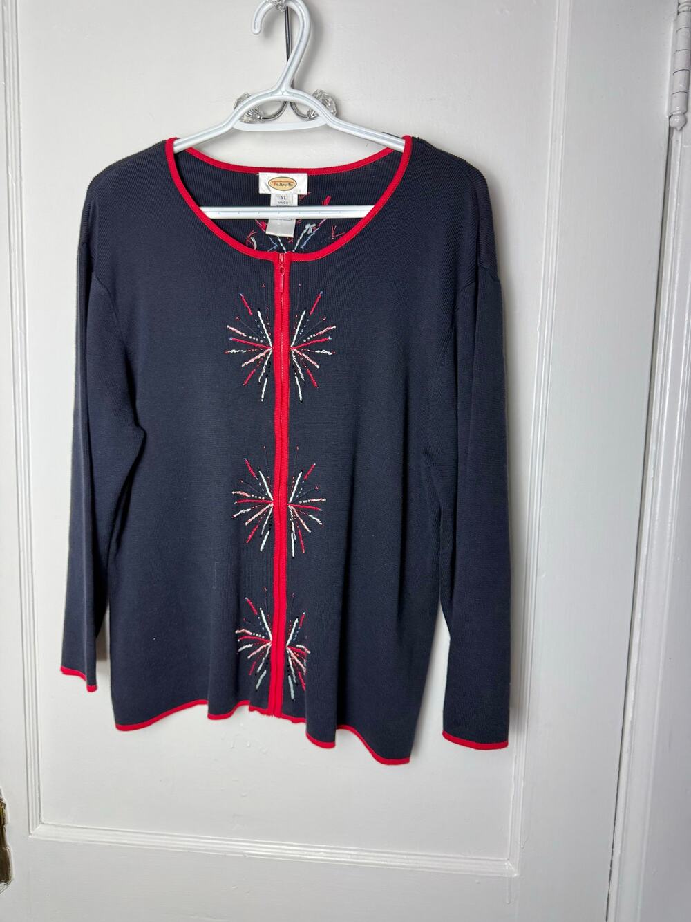 Vintage Talbots Cardigan XL Navy Red Embroidered Fireworks Starburst Zip Sweater